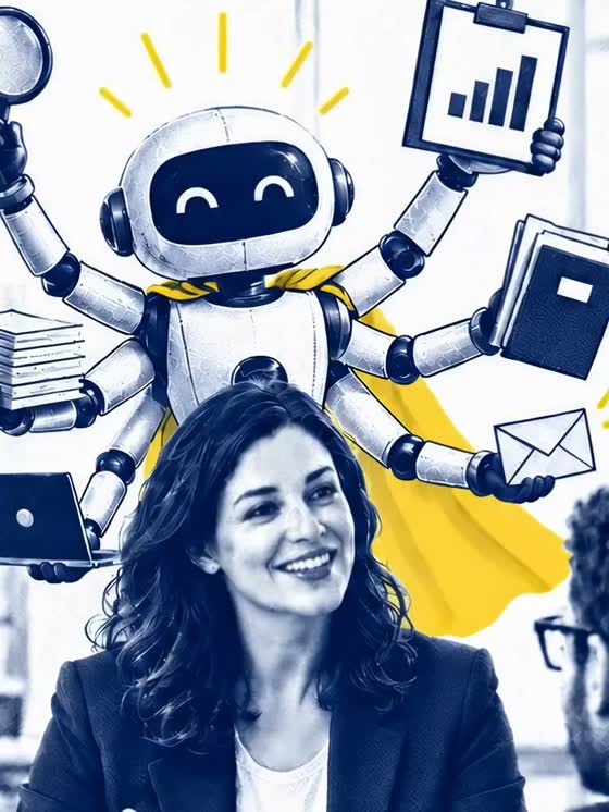 A seller at her laptop, an illustrated multi-armed robot behind her handling research, reporting and email.