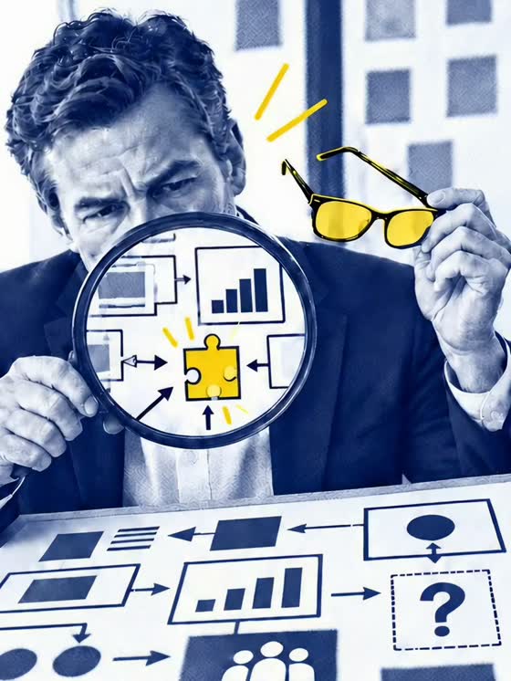 A sales leader searching a printed deal map through a magnifying glass.
