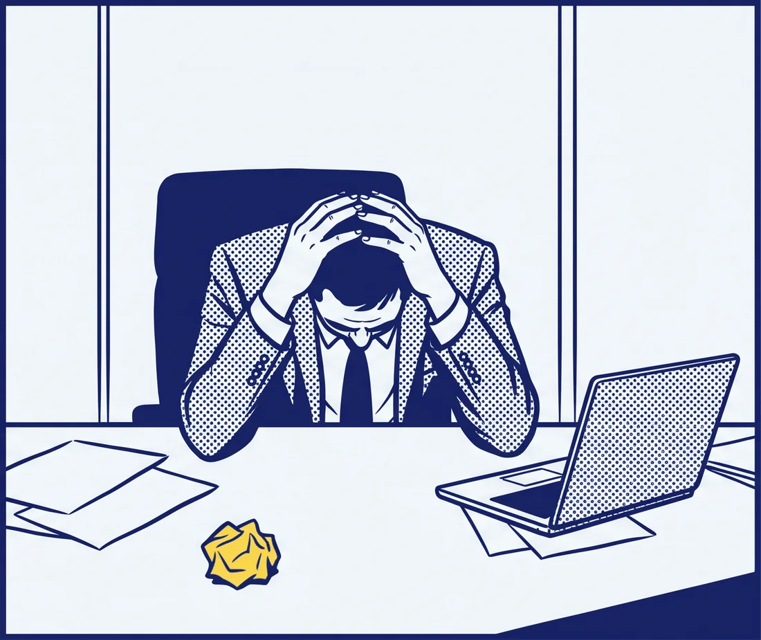 A seller slumped at his desk, head bowed, hands locked over his head
