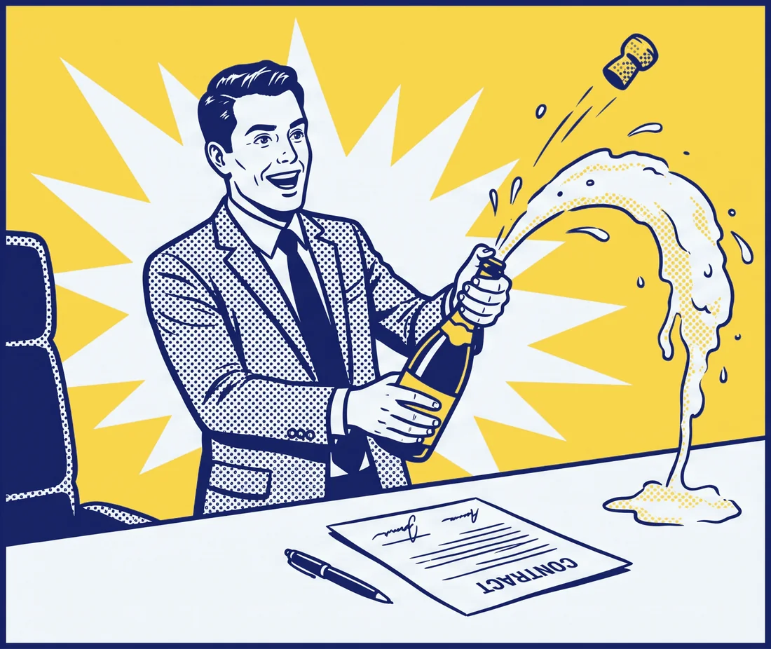 A seller at his desk popping champagne, a signed contract in front of him